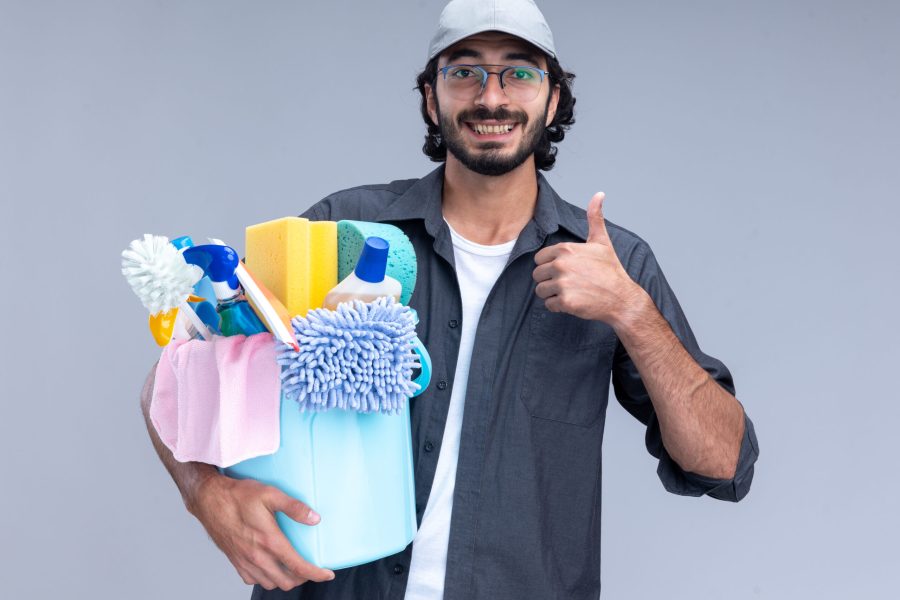 smiling young handsome cleaning guy wearing t-shirt and cap holding bucket of cleaning tools showing thumb up isolated on white background